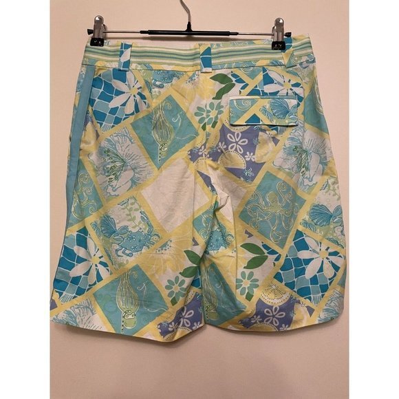 Lilly Pulitzer Bermuda Shorts Octopus Crab Floral Size 2‎ Blue Yellow Flat Front - Picture 2 of 4